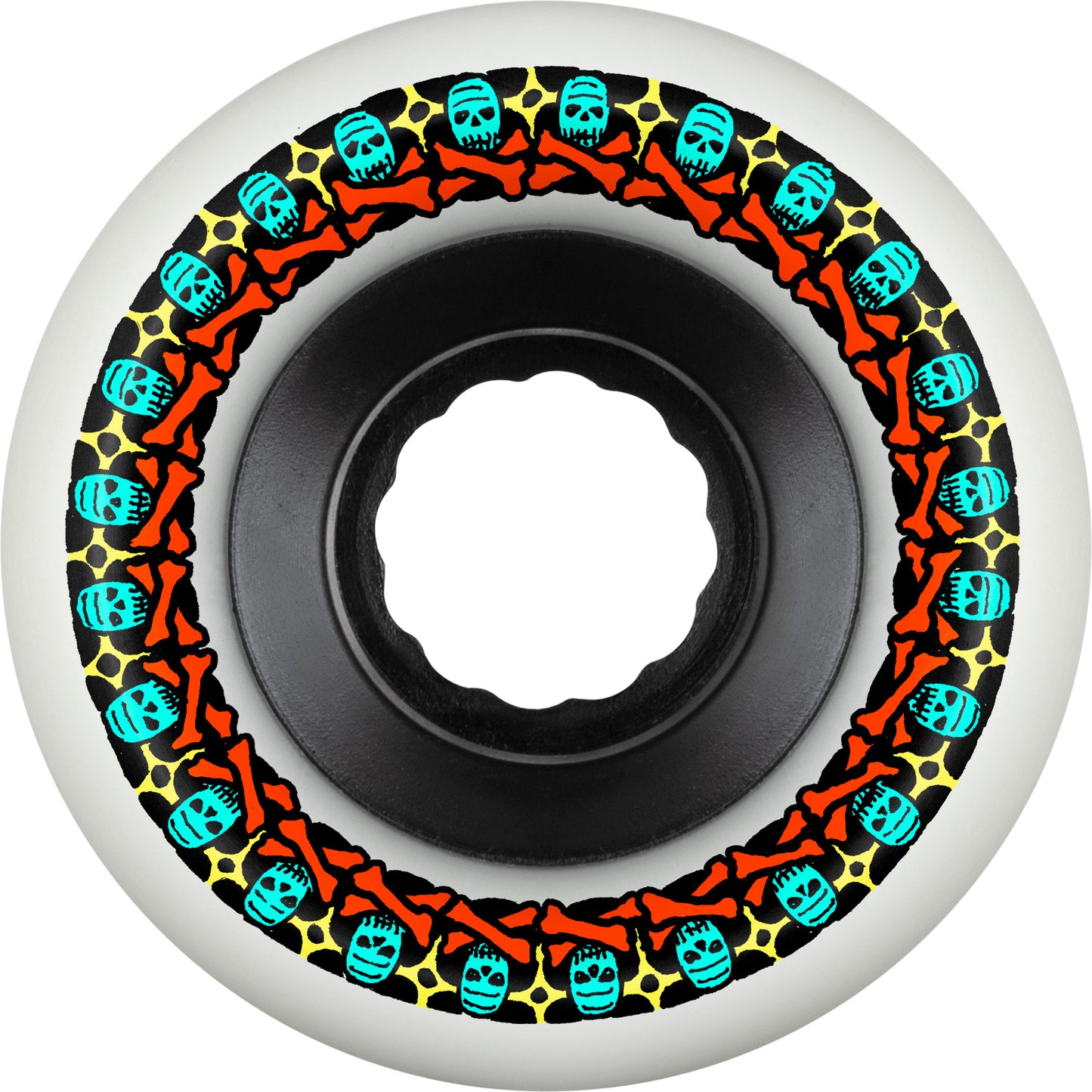 Skateboard wheel with colorful skull and bone pattern on a white background