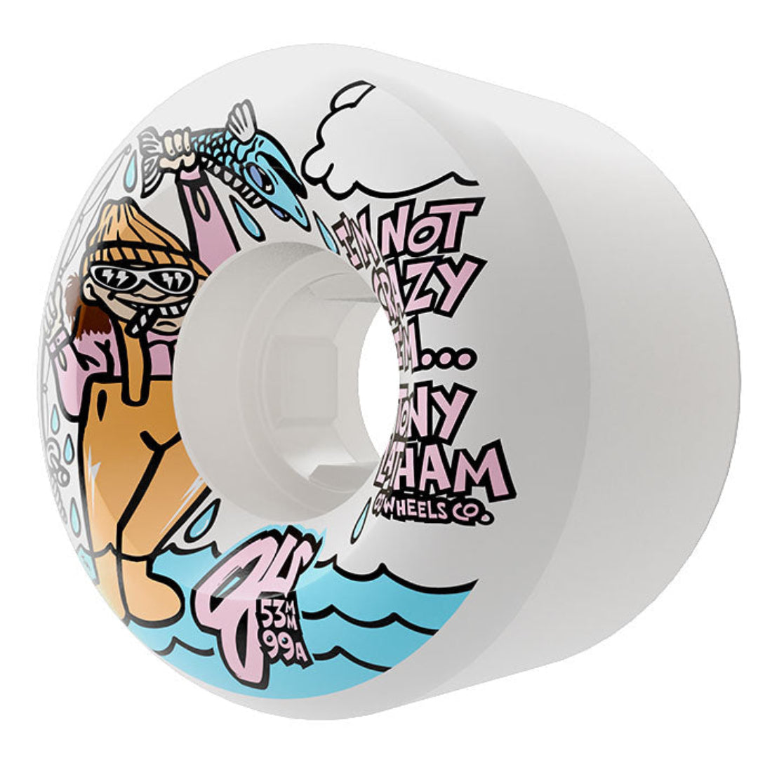 A single white skateboard wheel with colorful graphic artwork on a clean white background. The design features a cartoon character, blue waves, and stylized text reading 'DON'T BE A IDIOT .