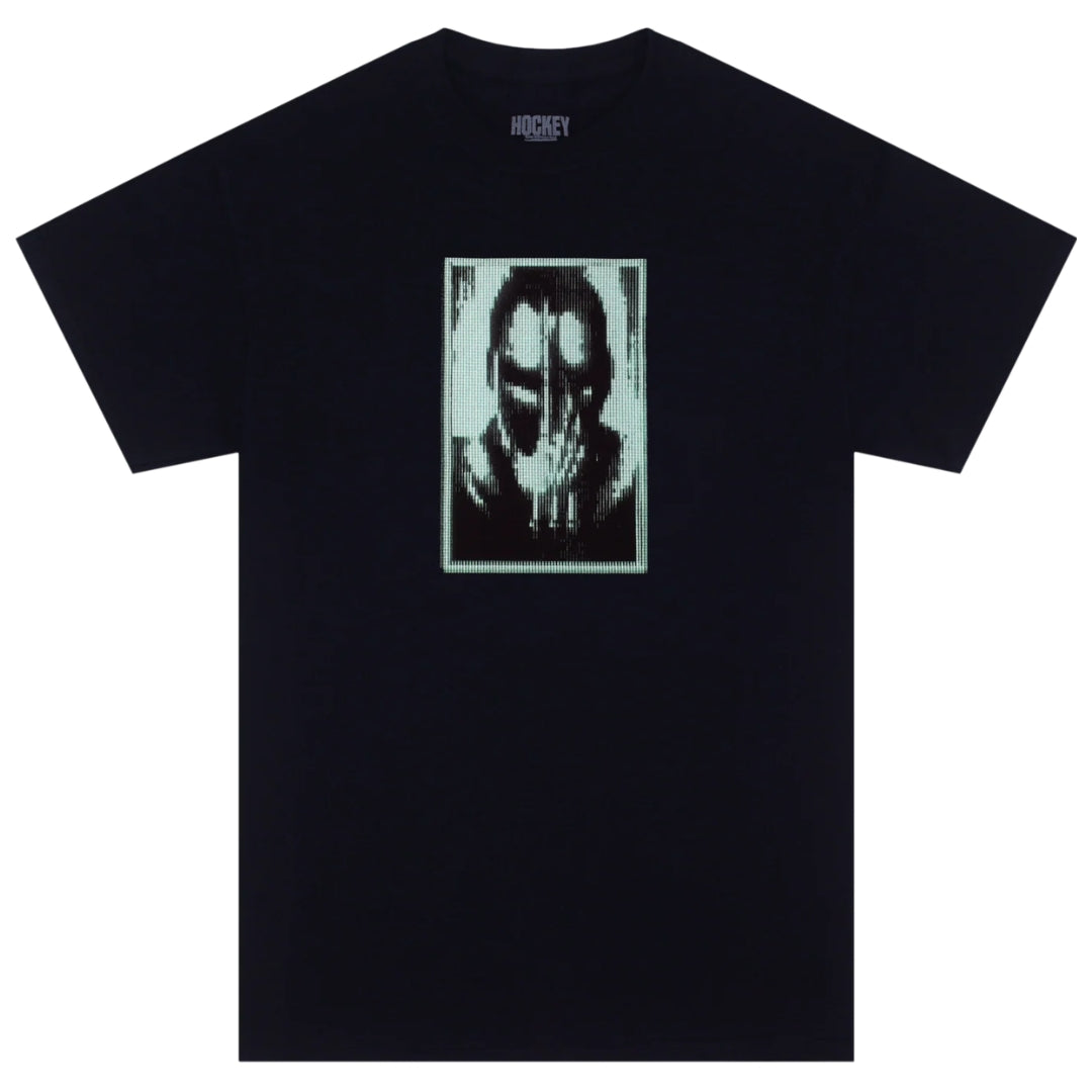Black t-shirt with a graphic design on a white background