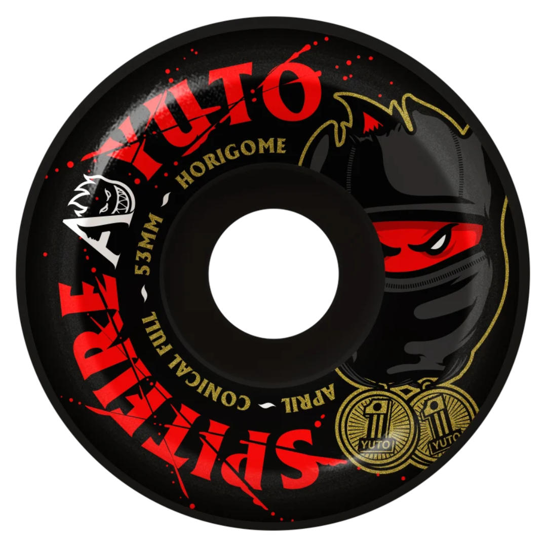 A single skateboard wheel shown from the side on a plain white background. The wheel is predominantly black with bold red text reading 'SPITTER' and 'FURY' in stylized lettering, plus gold text reading 'HORIGOME' and 'APRIL'.