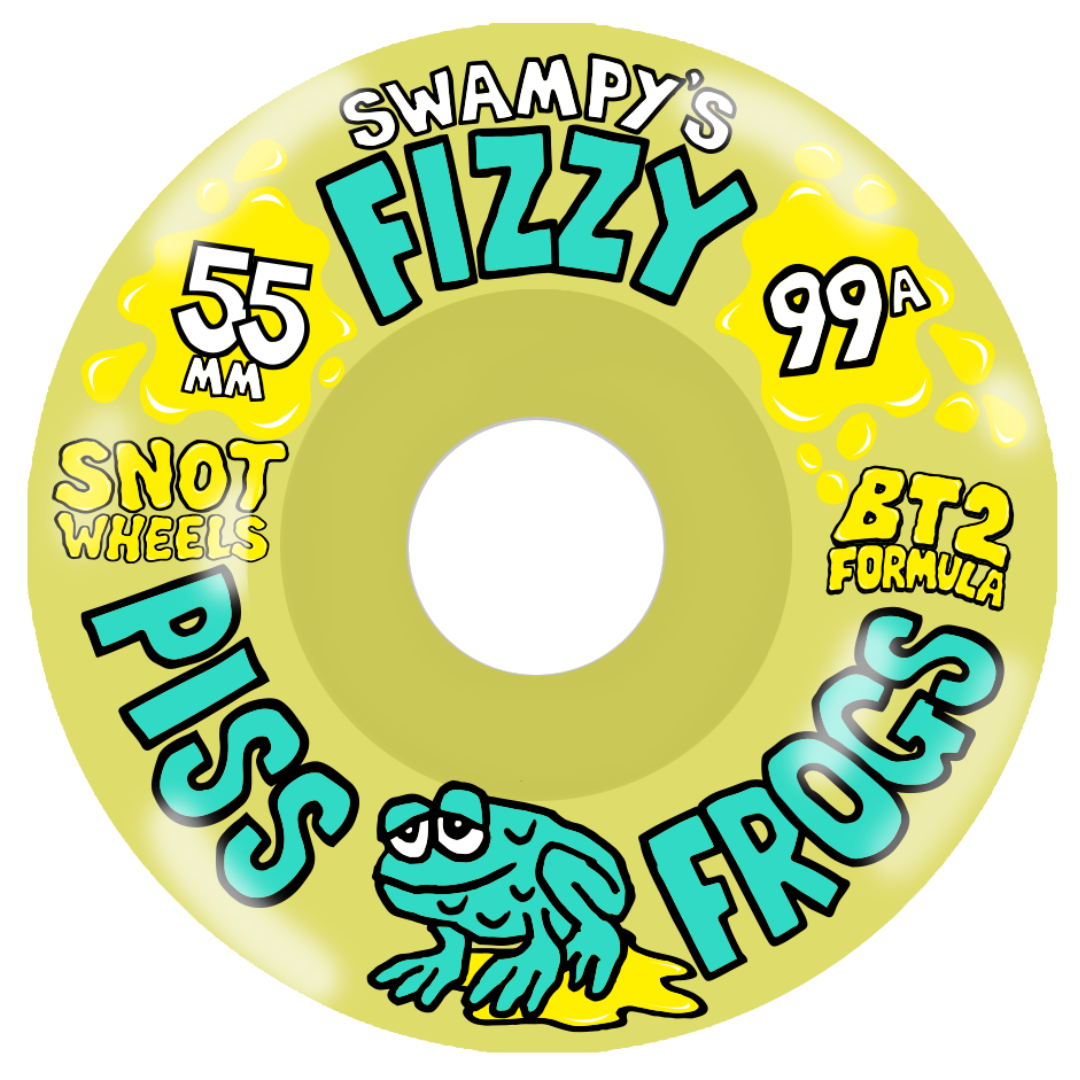 A single skateboard wheel shown on a plain white background. The wheel is pale yellow-green with large teal and white lettering that reads 'Swampy's Fizzy Piss Frogs,' plus smaller text including '55 mm,' '99A,' 'Snot Wheels,' and 'BT2 Formula.