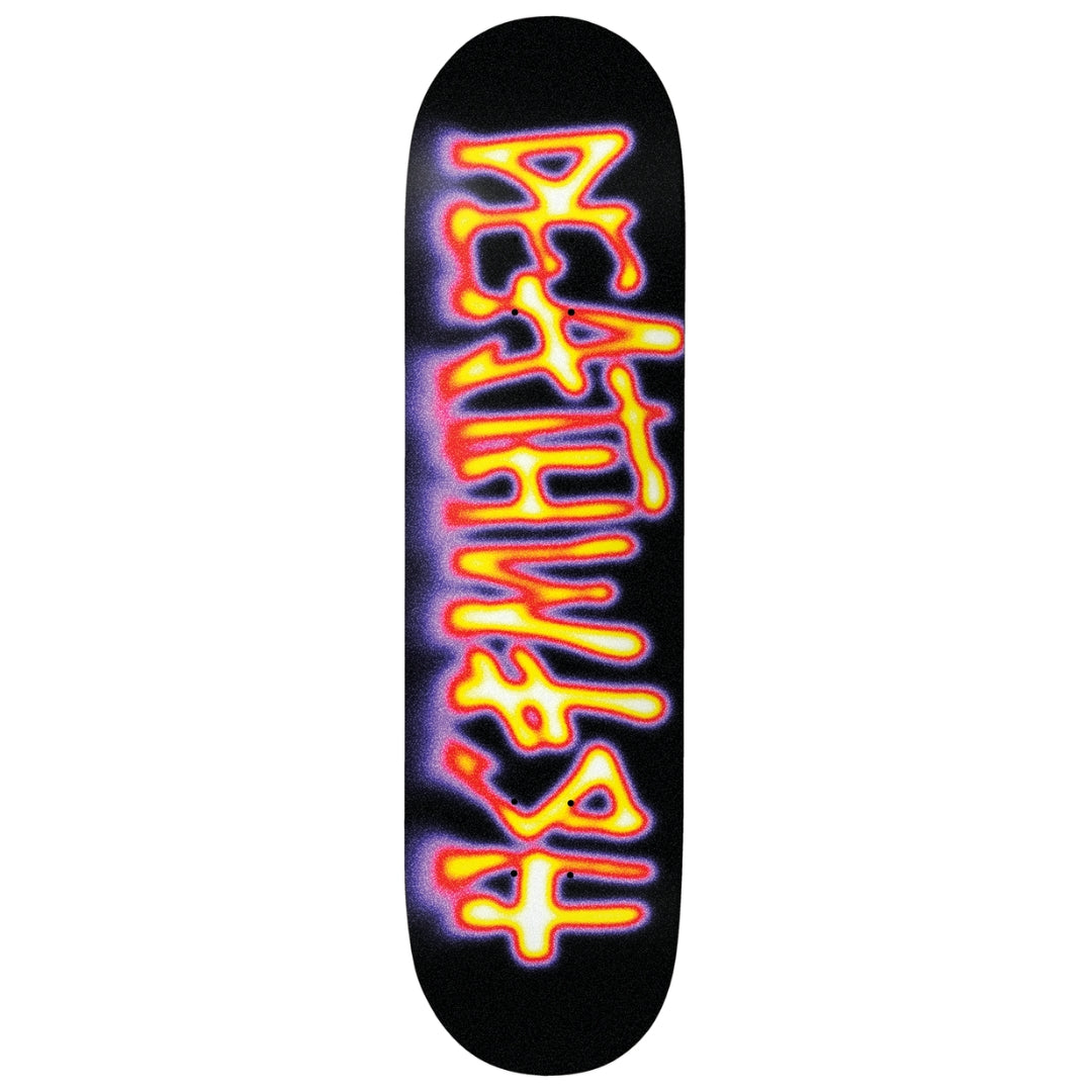 Skateboard deck with colorful text design on a black background