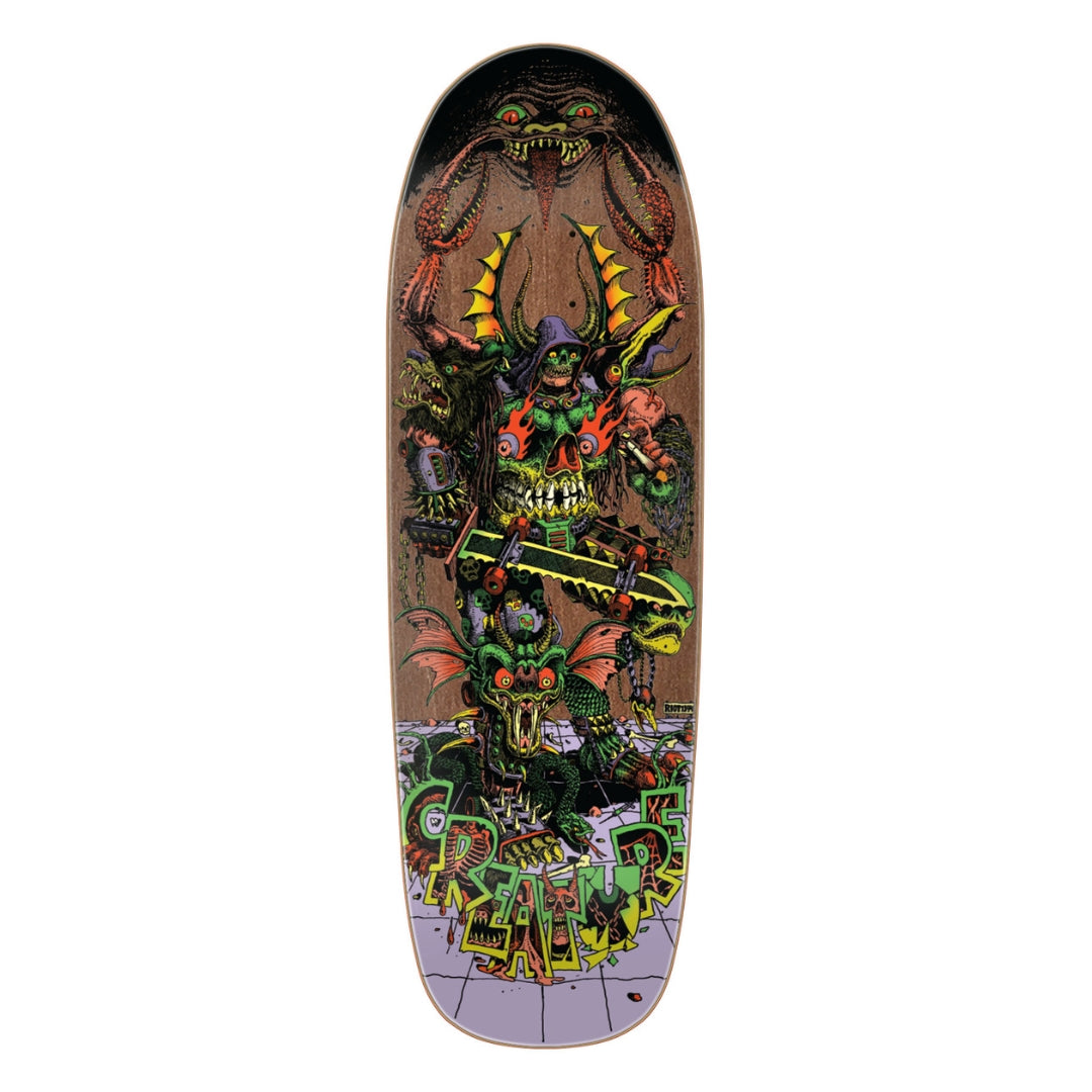 Skateboard deck with a colorful graphic design on a white background