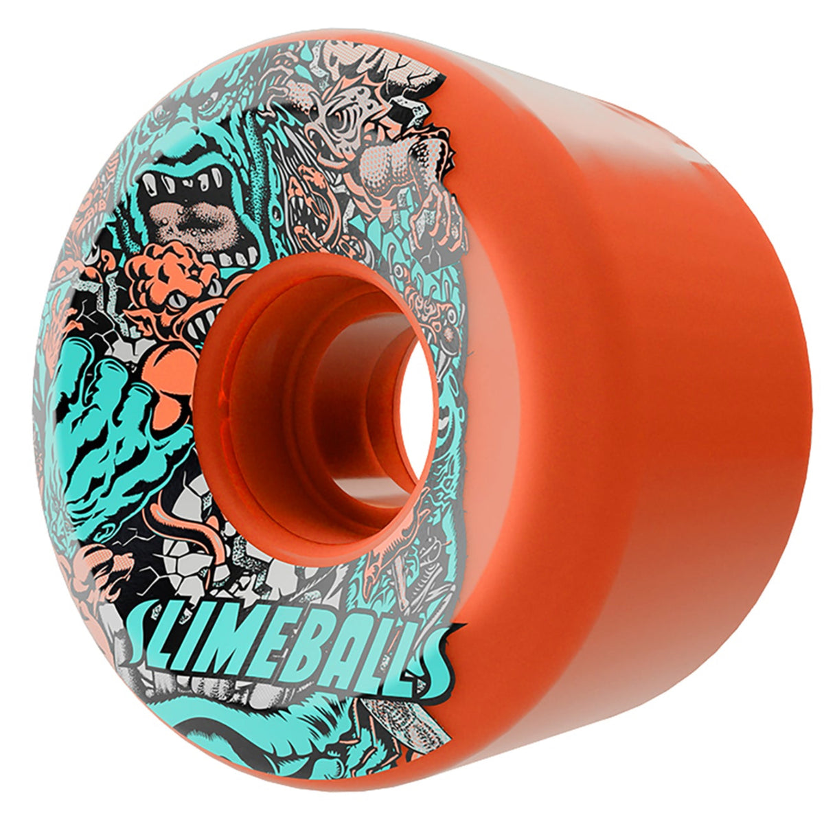 An orange skateboard wheel with a colorful graphic design featuring cartoon monsters and the text 'SLIMEBALLS' in teal, shown on a plain white background.