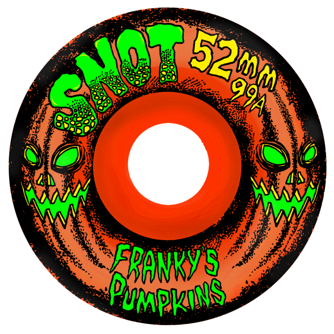A close-up of a skateboard wheel graphic featuring a jack-o'-lantern face with green eyes and a stitched pumpkin design. The wheel has a bright orange center, black outer ring, and bold text reading 'SHOT 52mm 99A' and 'FRANKY'S PUMPKINS' in neon green and yellow.