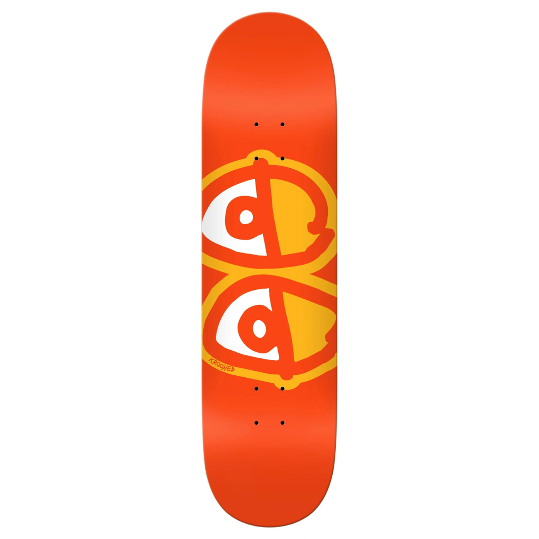 An orange skateboard deck featuring a bold graphic design of two stylized eyes in yellow, white, and orange, shown against a plain white background.