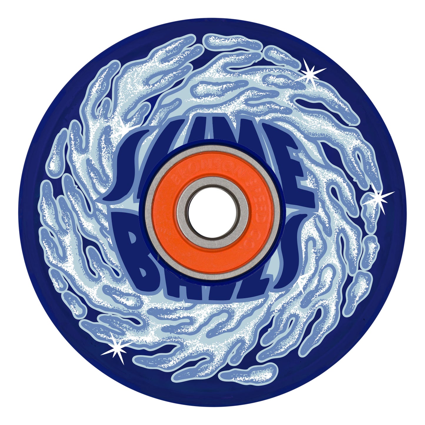 Skateboard wheel with blue rim and orange center on a white background