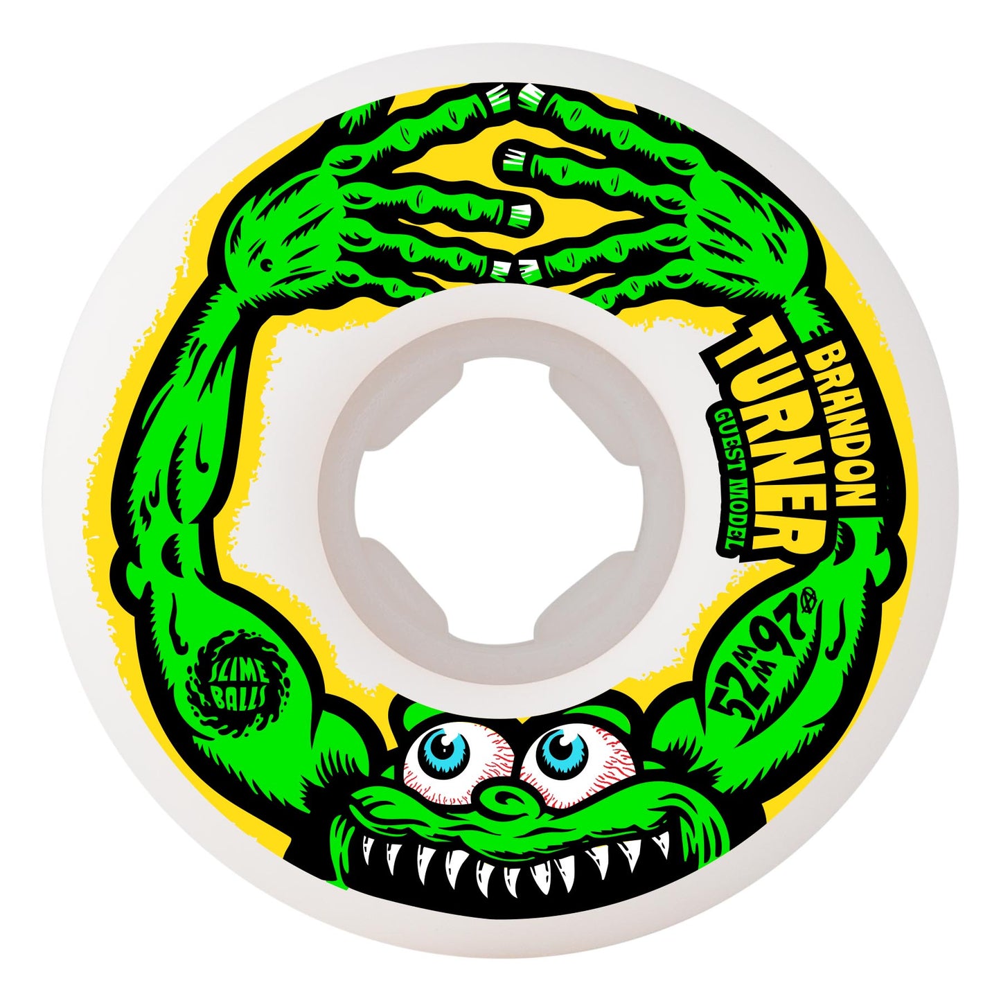 Skateboard wheel with green monster design and 'Brandon Turner' branding on a white background
