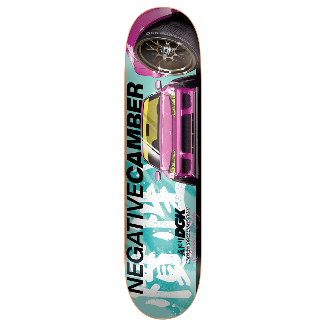 Skateboard deck with car graphic and 'Negative Camber' branding on a white background
