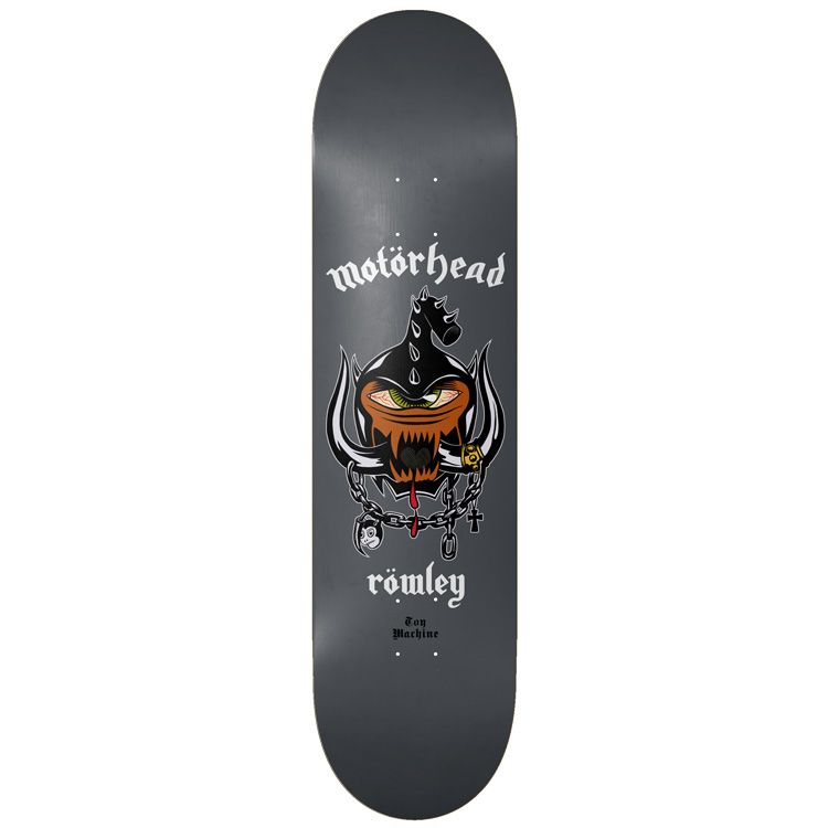 Skateboard deck with Motorhead logo and design on a white background