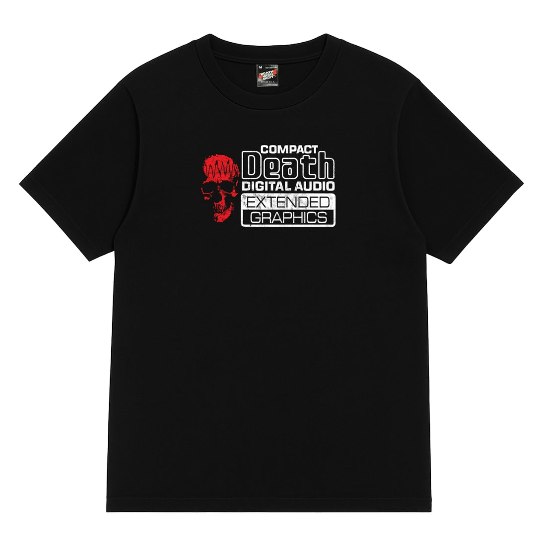 Black t-shirt with graphic design and text on a white background