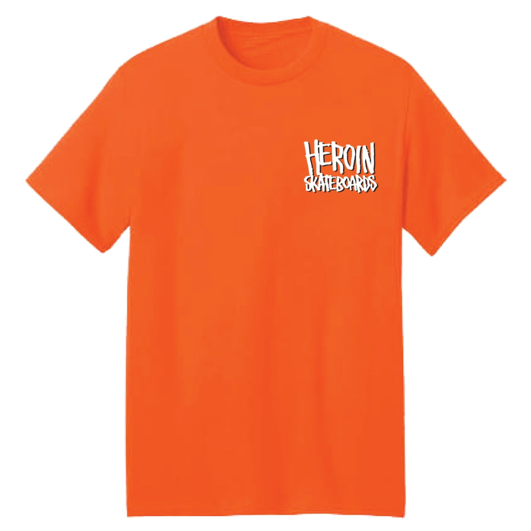 Orange t-shirt with 'HEROIN SKATEBOARDS' logo on a white background