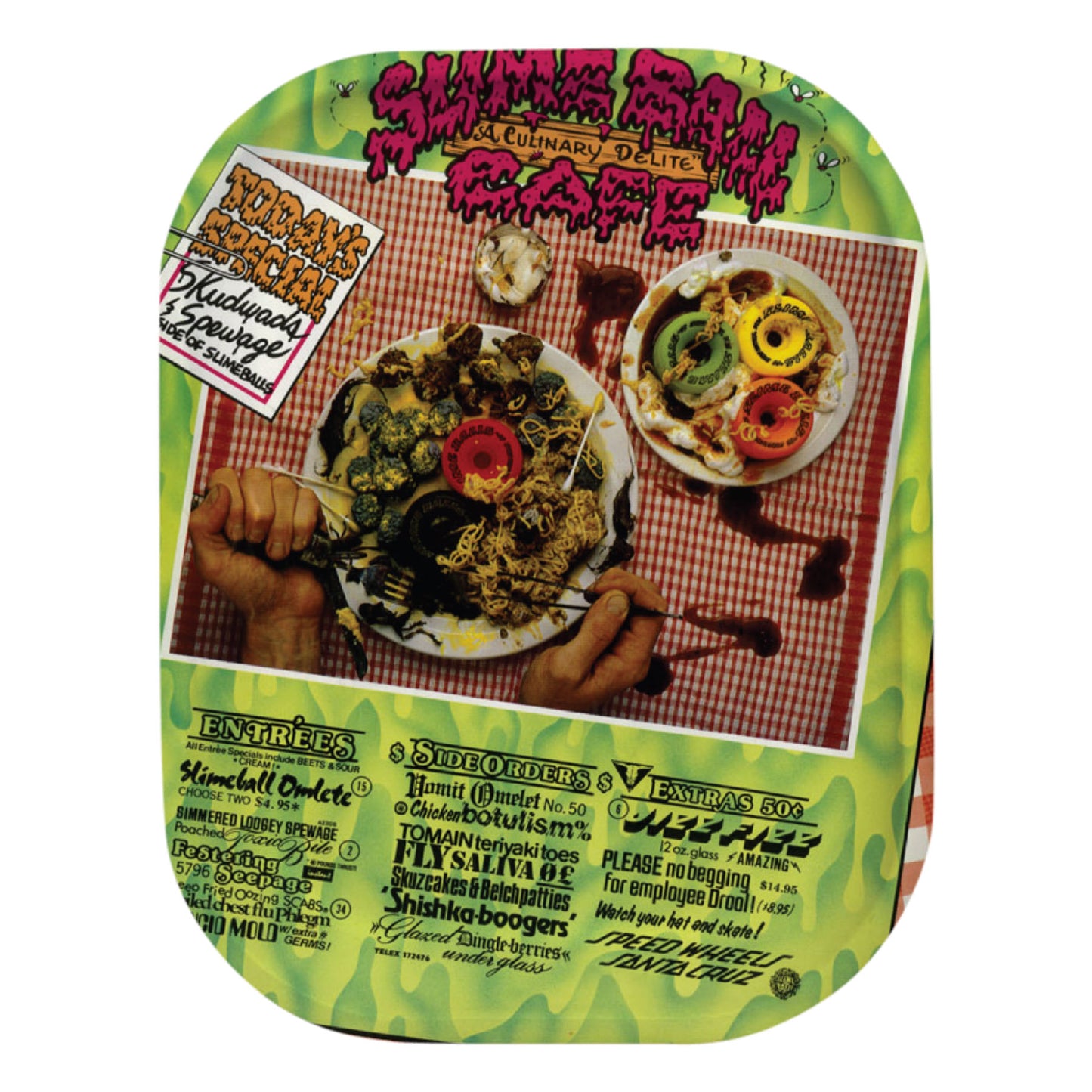 Vintage-style food packaging with a retro design featuring food and text.