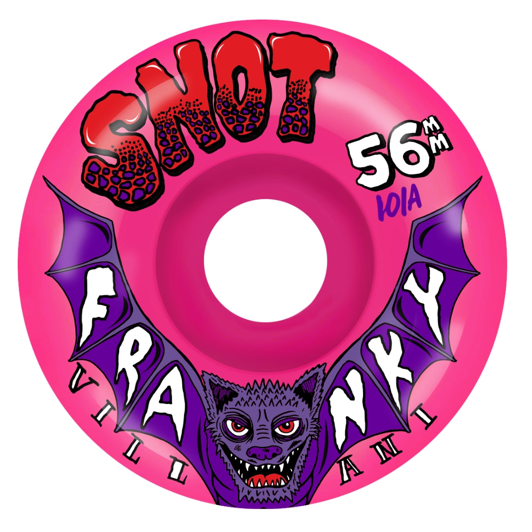 Pink skateboard wheel with purple text and a bat graphic on a white background