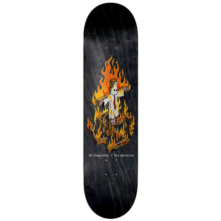 Skateboard deck with a design of a person on fire against a black background
