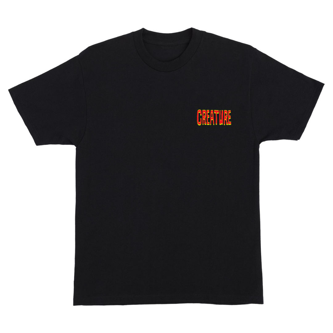 Black t-shirt with red logo on a white background