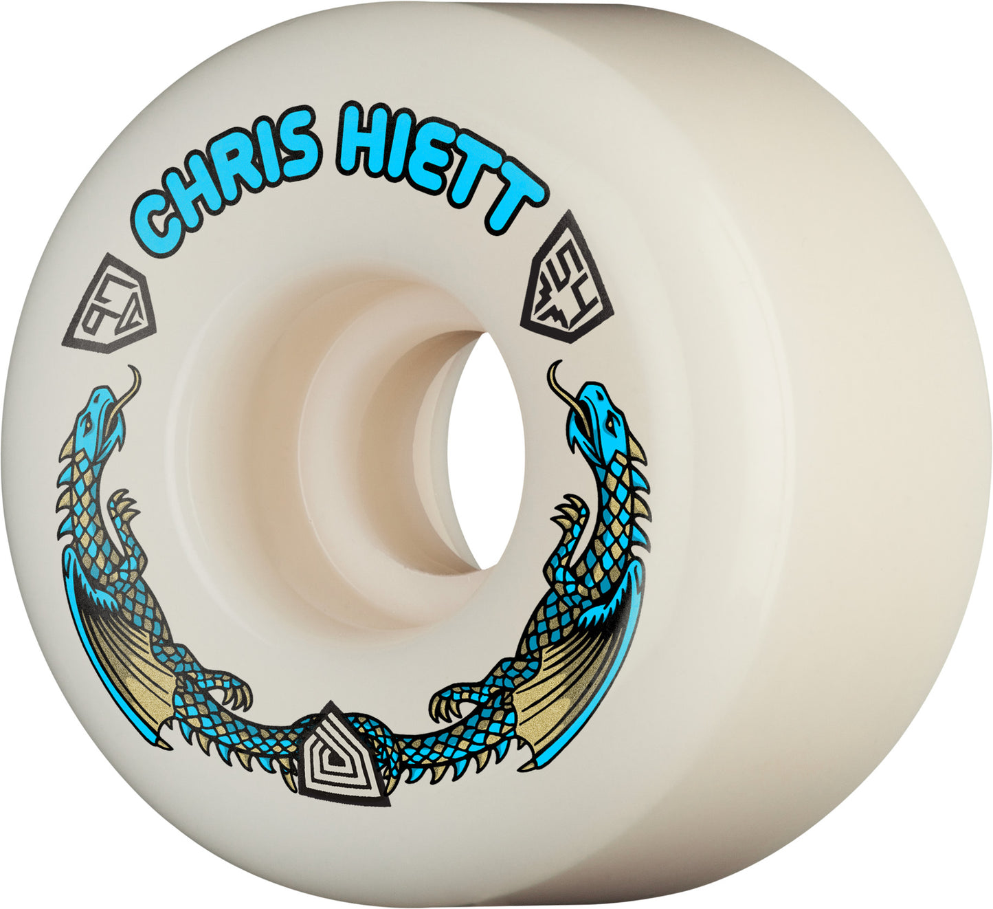 Skateboard wheel with Chris Hiett branding and dragon design on a white background
