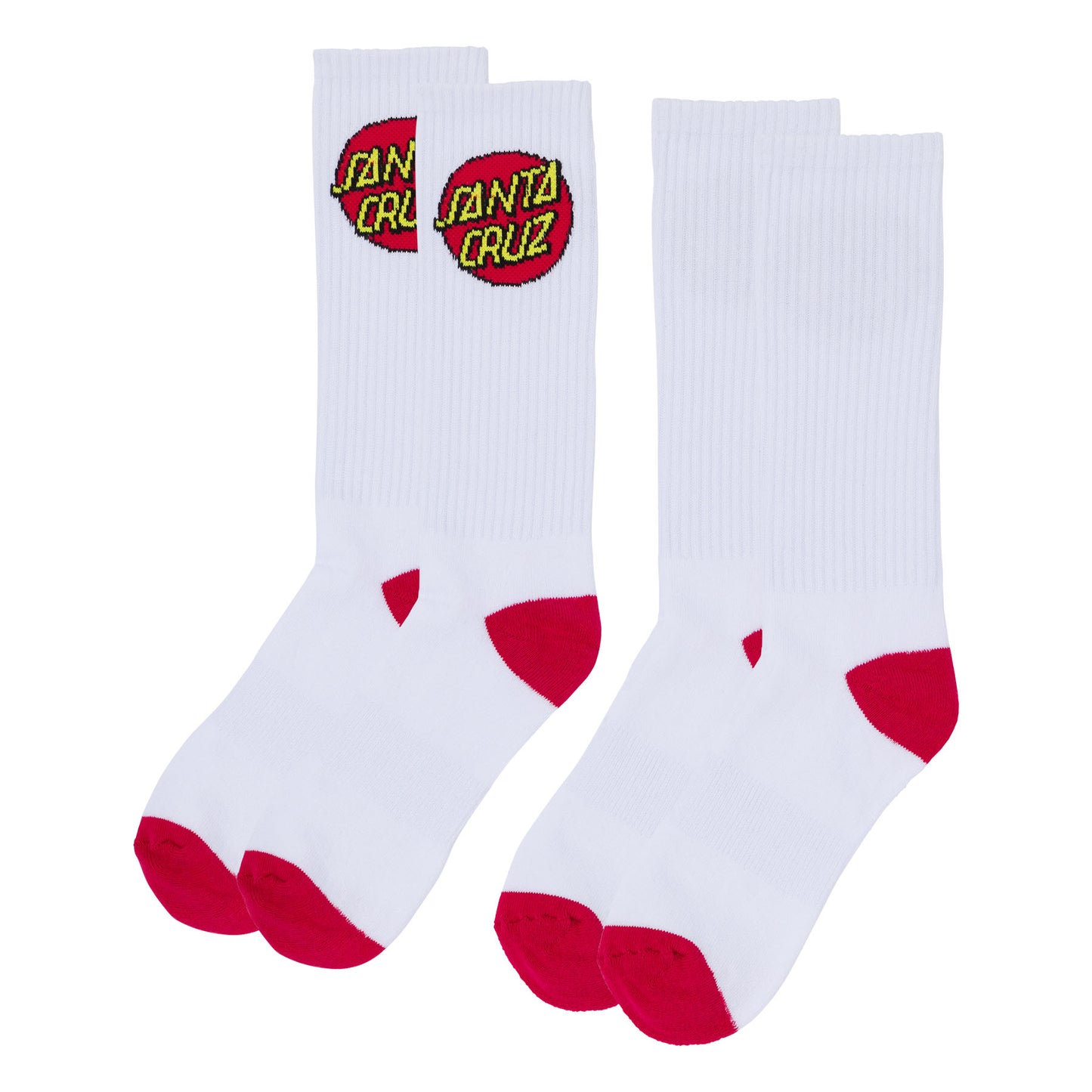 White socks with red accents and Santa Cruz logo on a white background