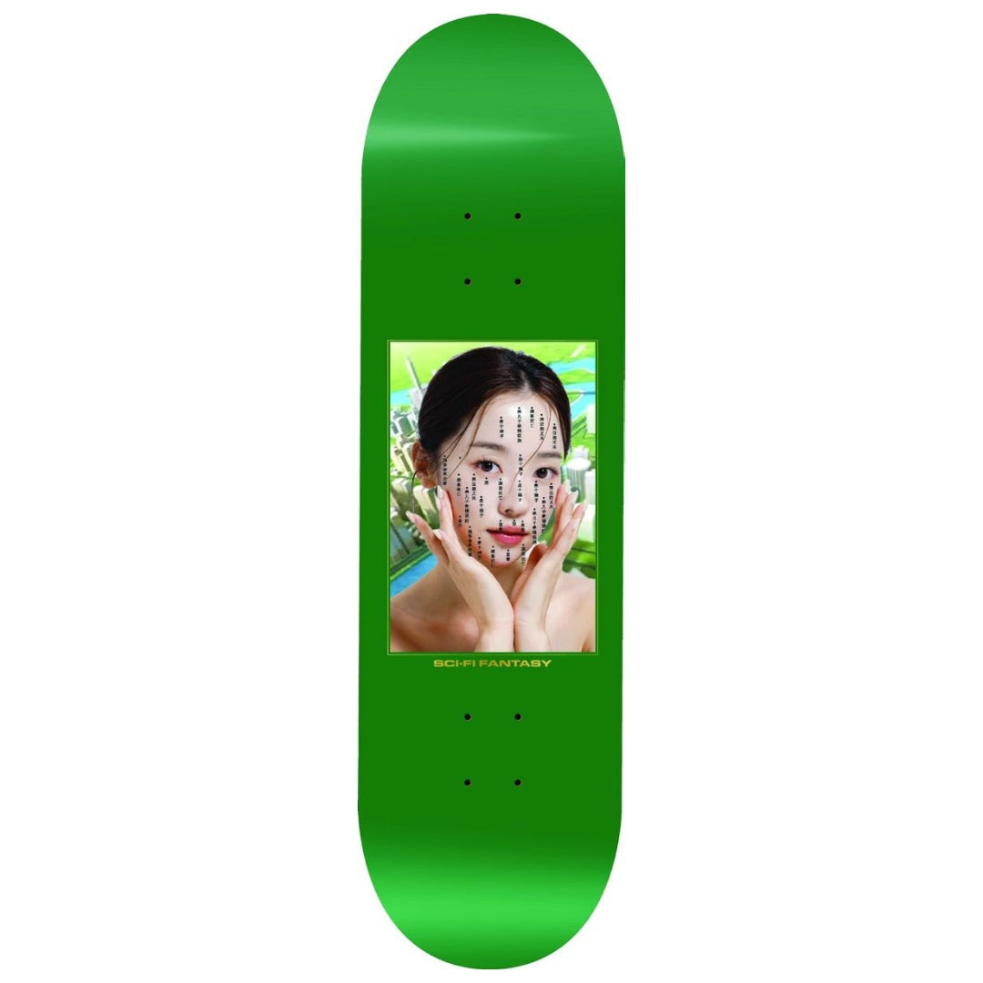 Green skateboard deck with a graphic of a woman on a white background