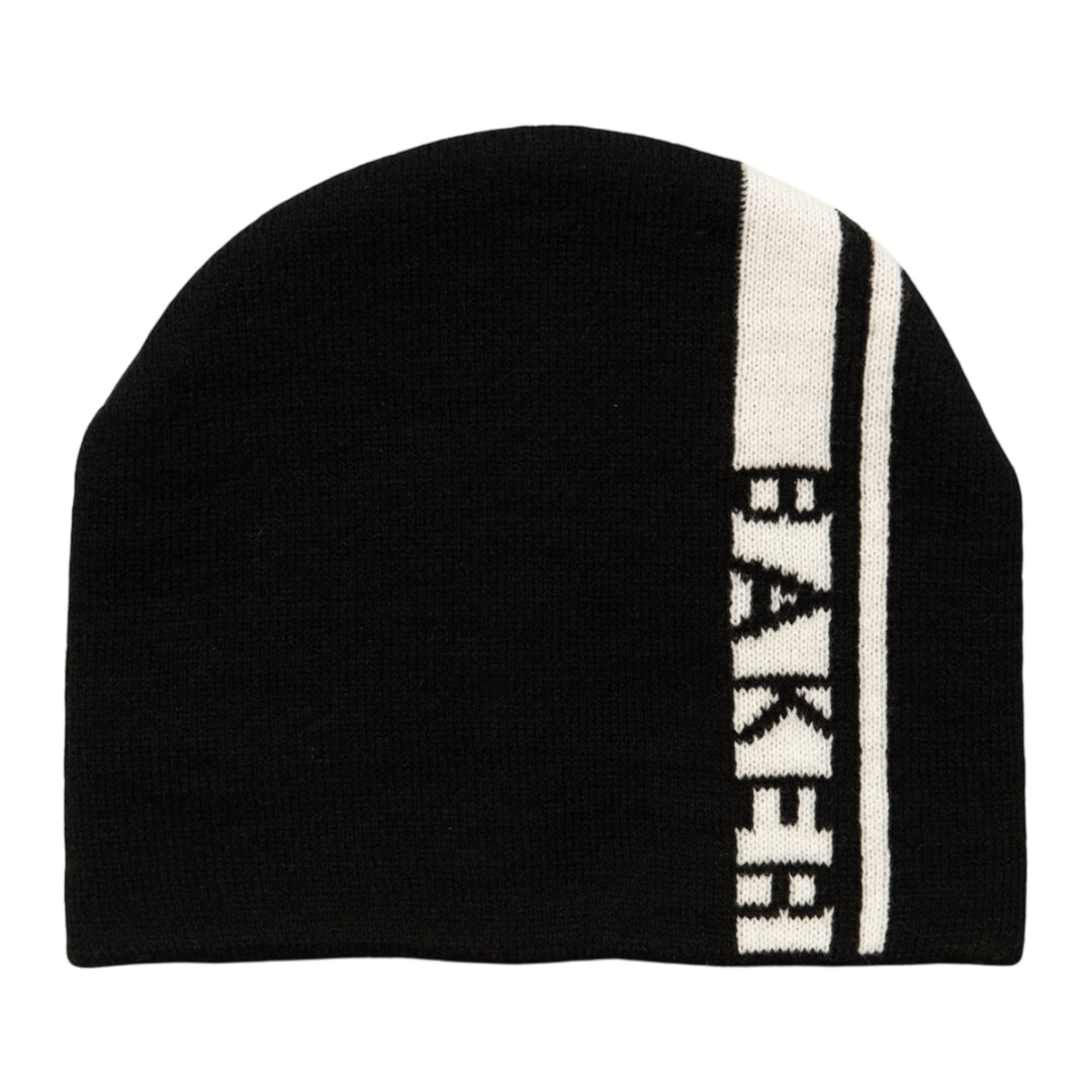 Black beanie with a white stripe and 'BAKERS' branding on a white background