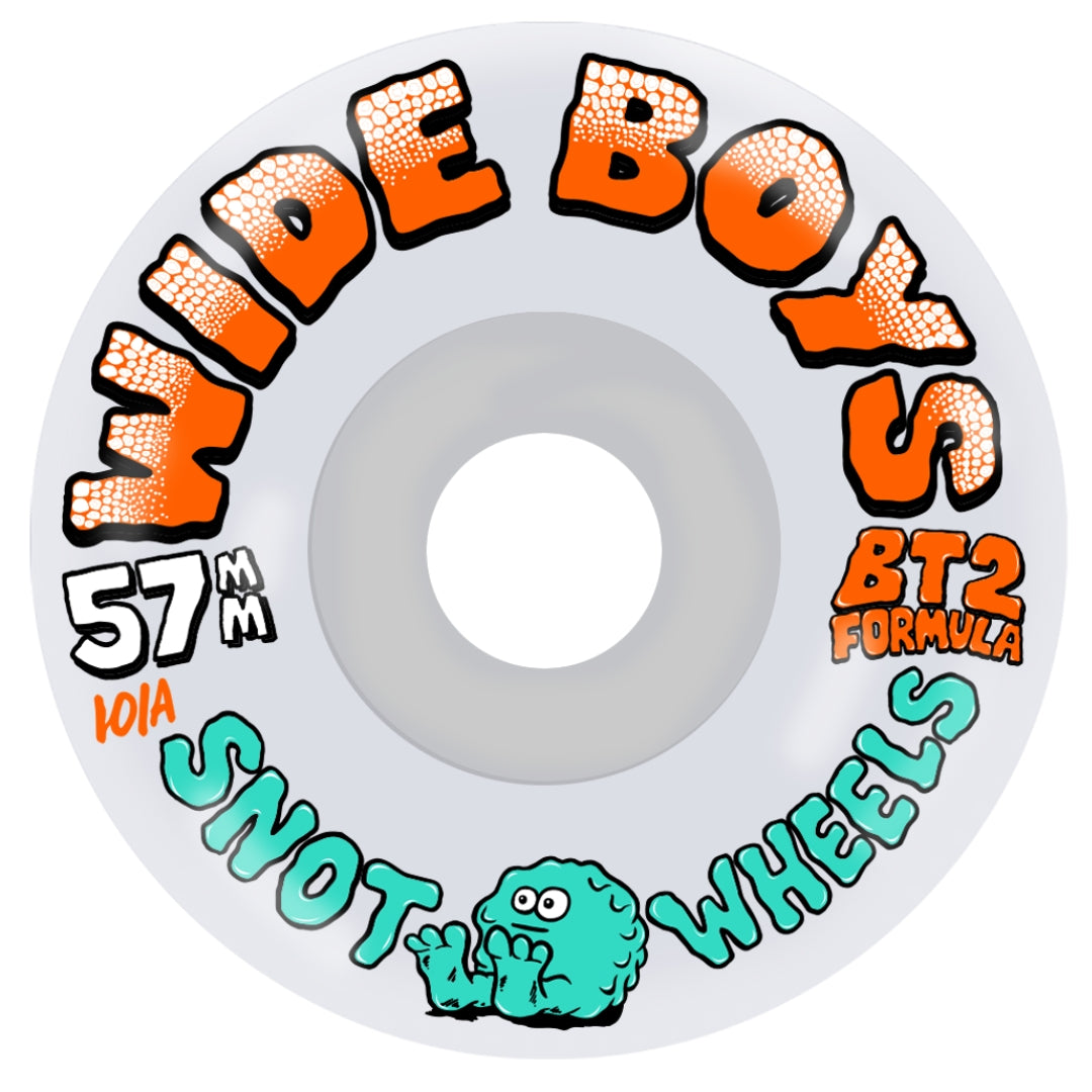 Skateboard wheel with 'Wide Boys' and 'Snot Wheels' branding on a white background