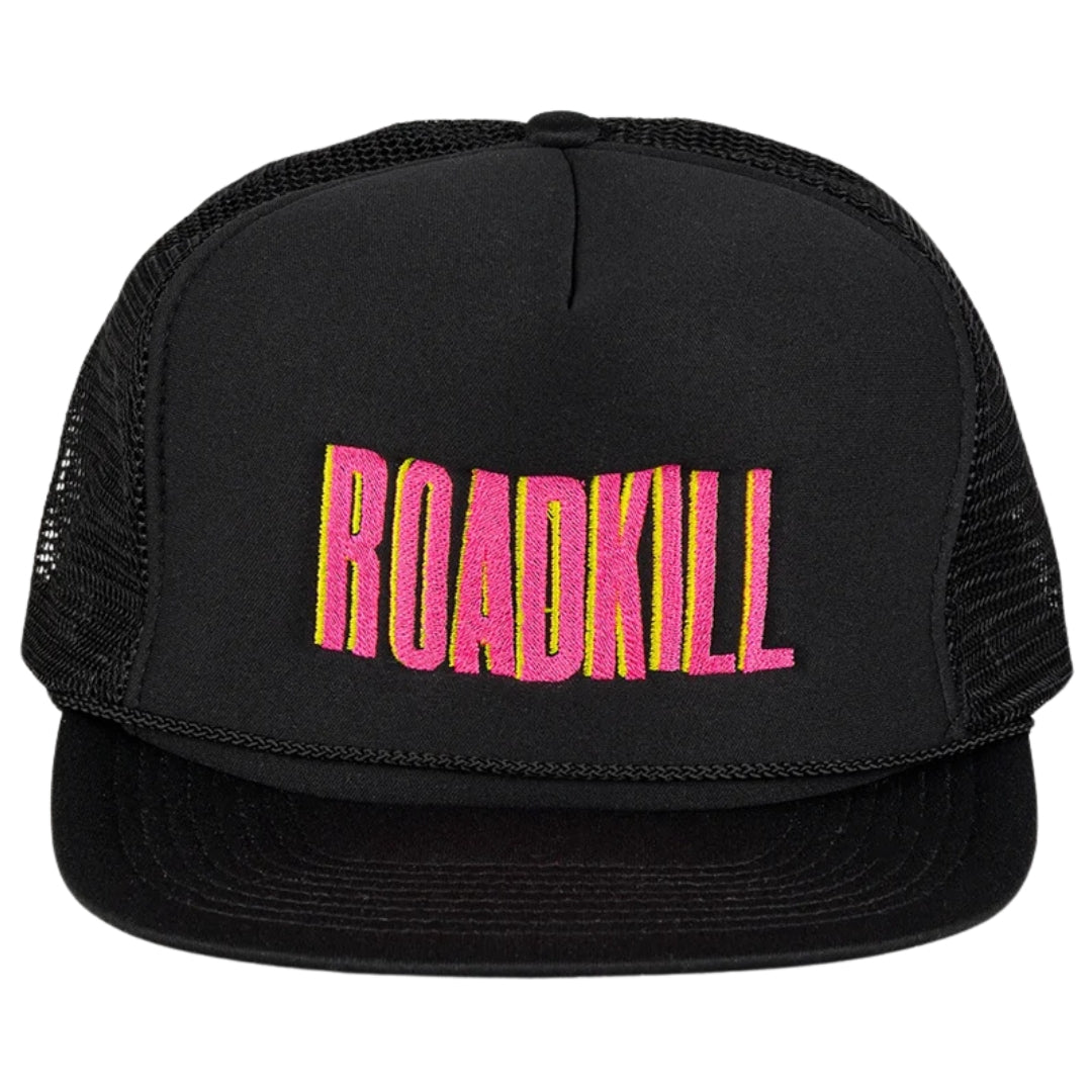 Black trucker cap with 'ROADKILL' in pink and yellow on a white background