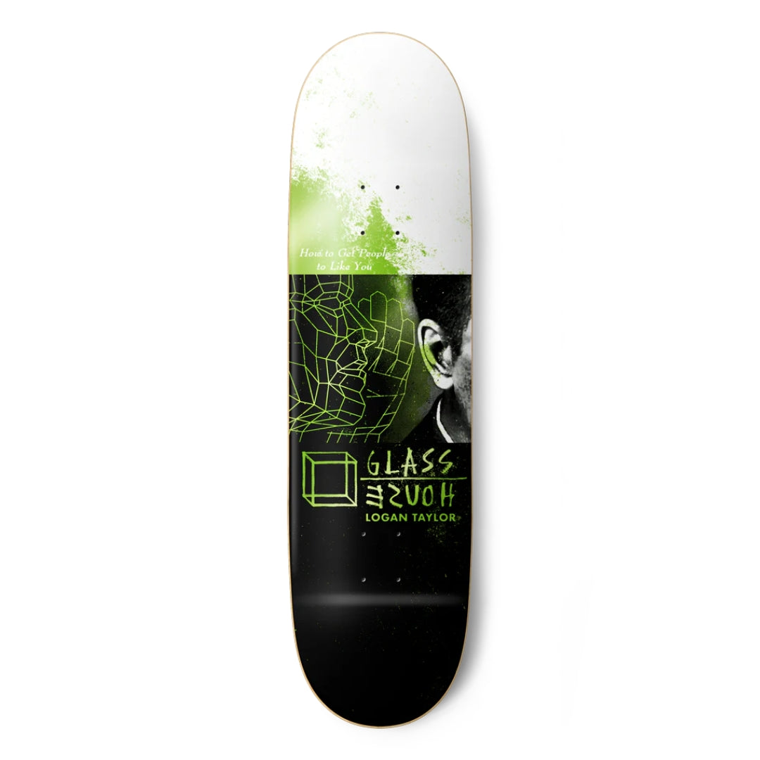 Skateboard deck with a design featuring a person's face and text on a white background