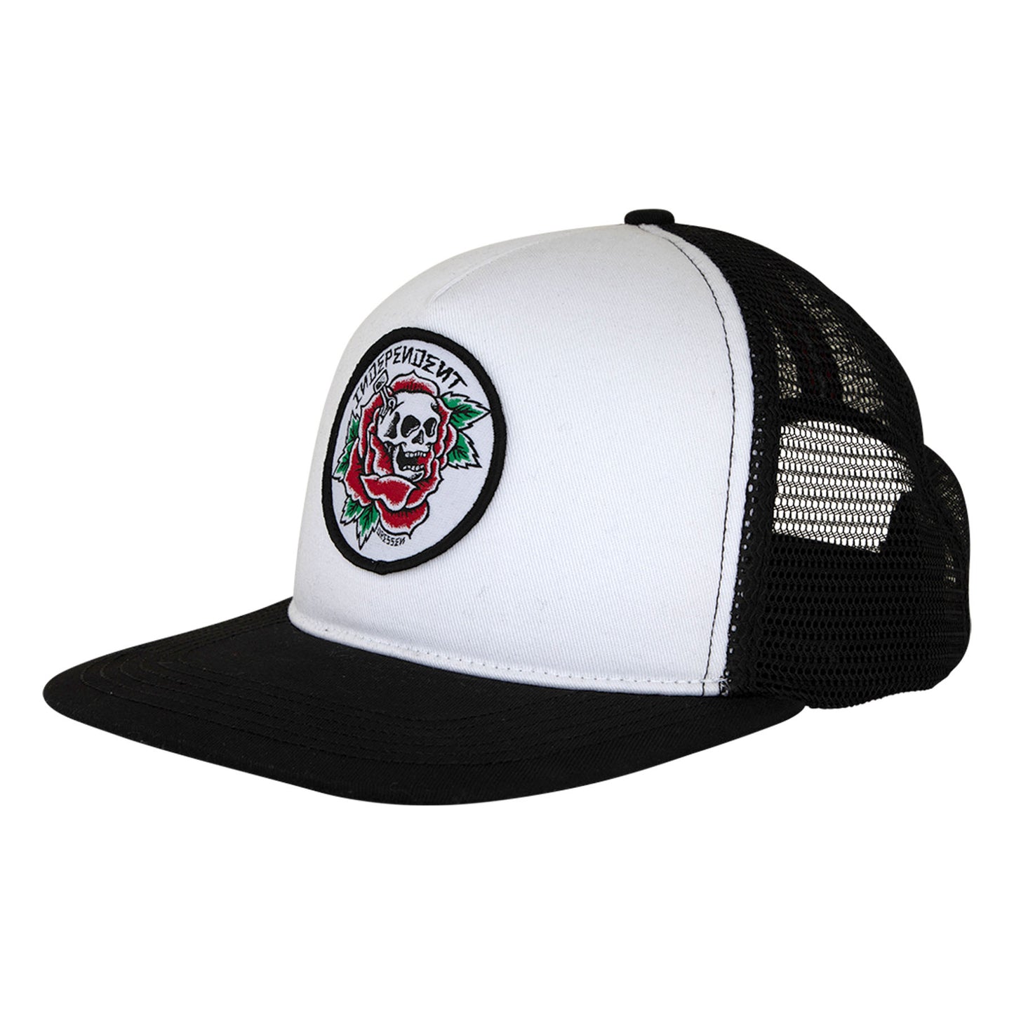 White and black trucker hat with a skull and rose patch on a white background