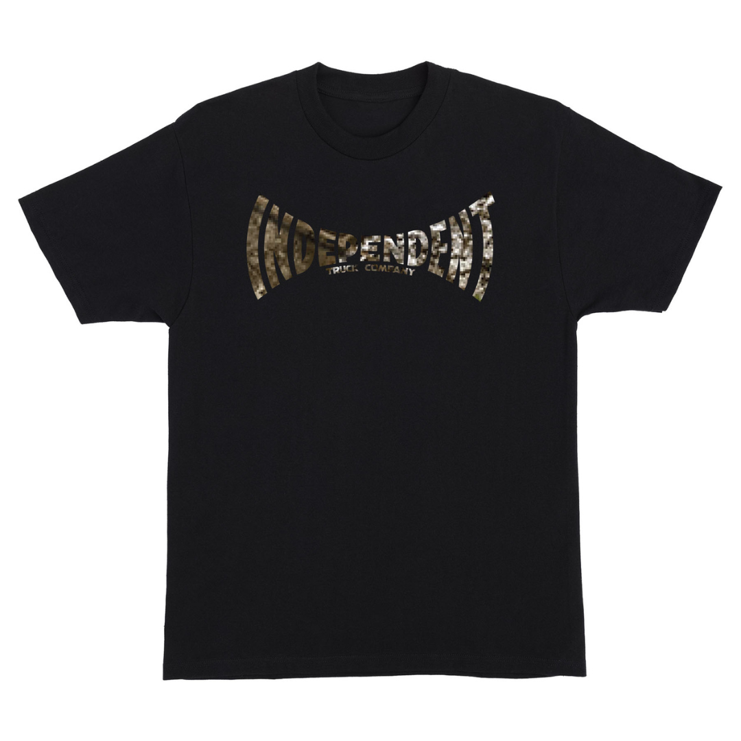 A black short-sleeve crewneck t-shirt featuring a camouflage patterned 'INDEPENDENT TROPICS COMPANY' logo across the chest, displayed on a solid white background.