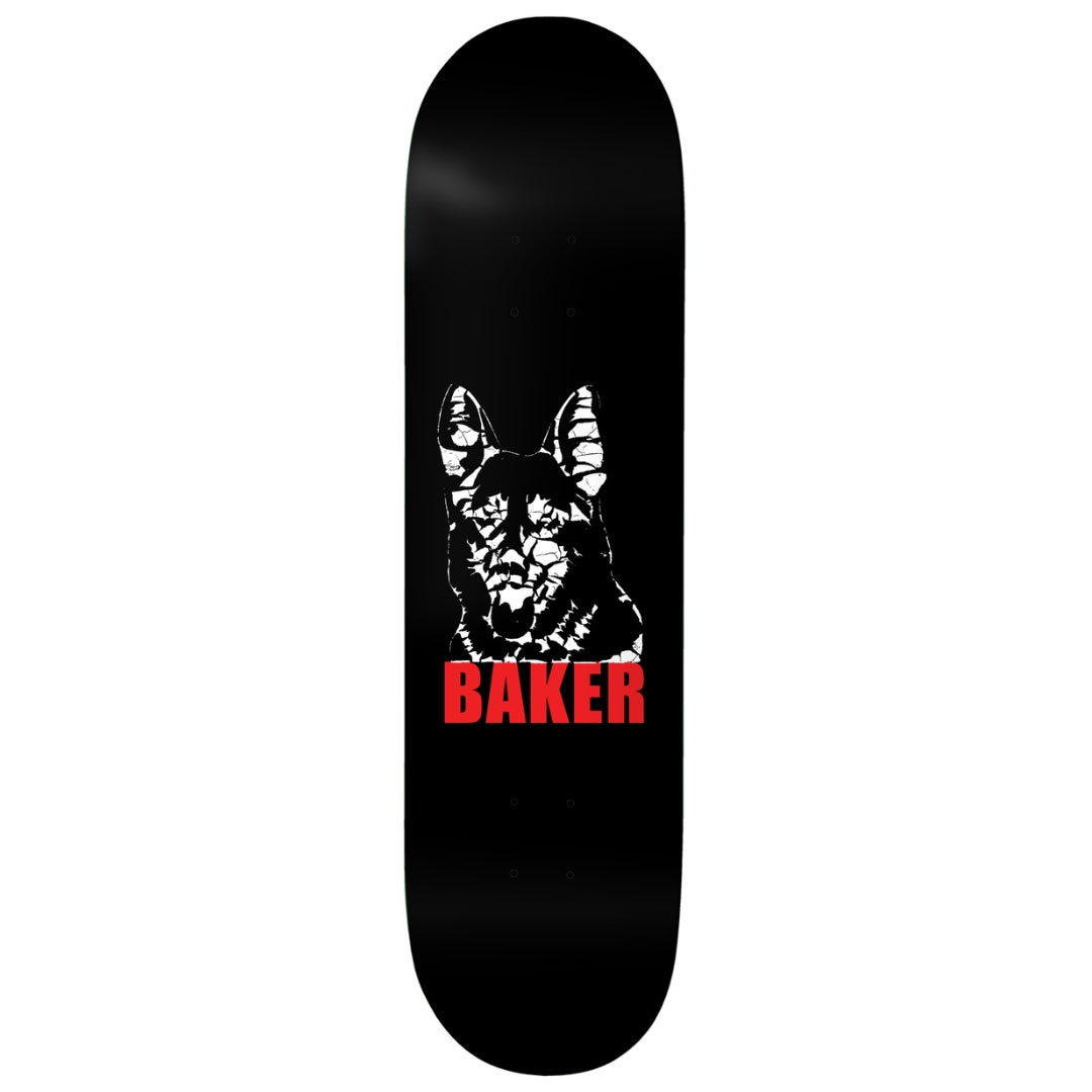 Black skateboard deck with a graphic of a dog and 'Baker' branding on a white background