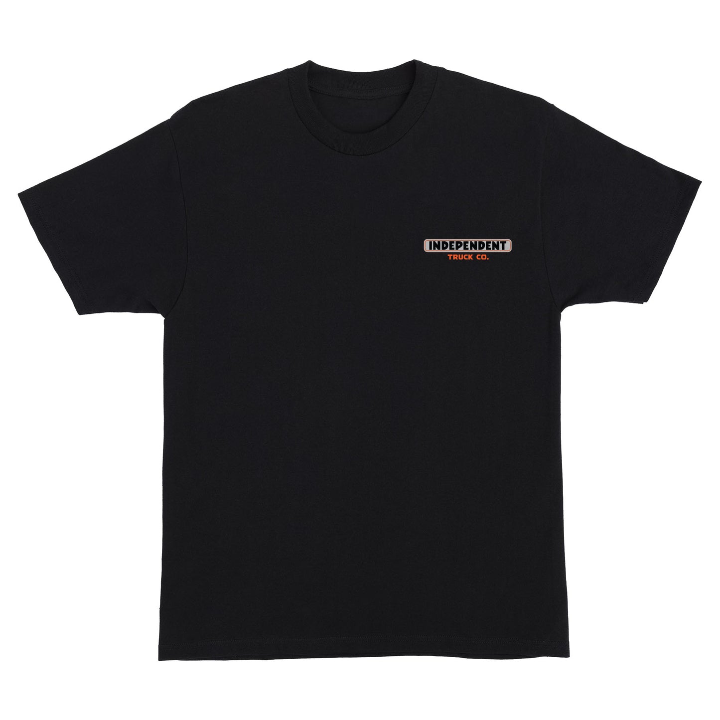Black t-shirt with a small logo on the chest against a white background