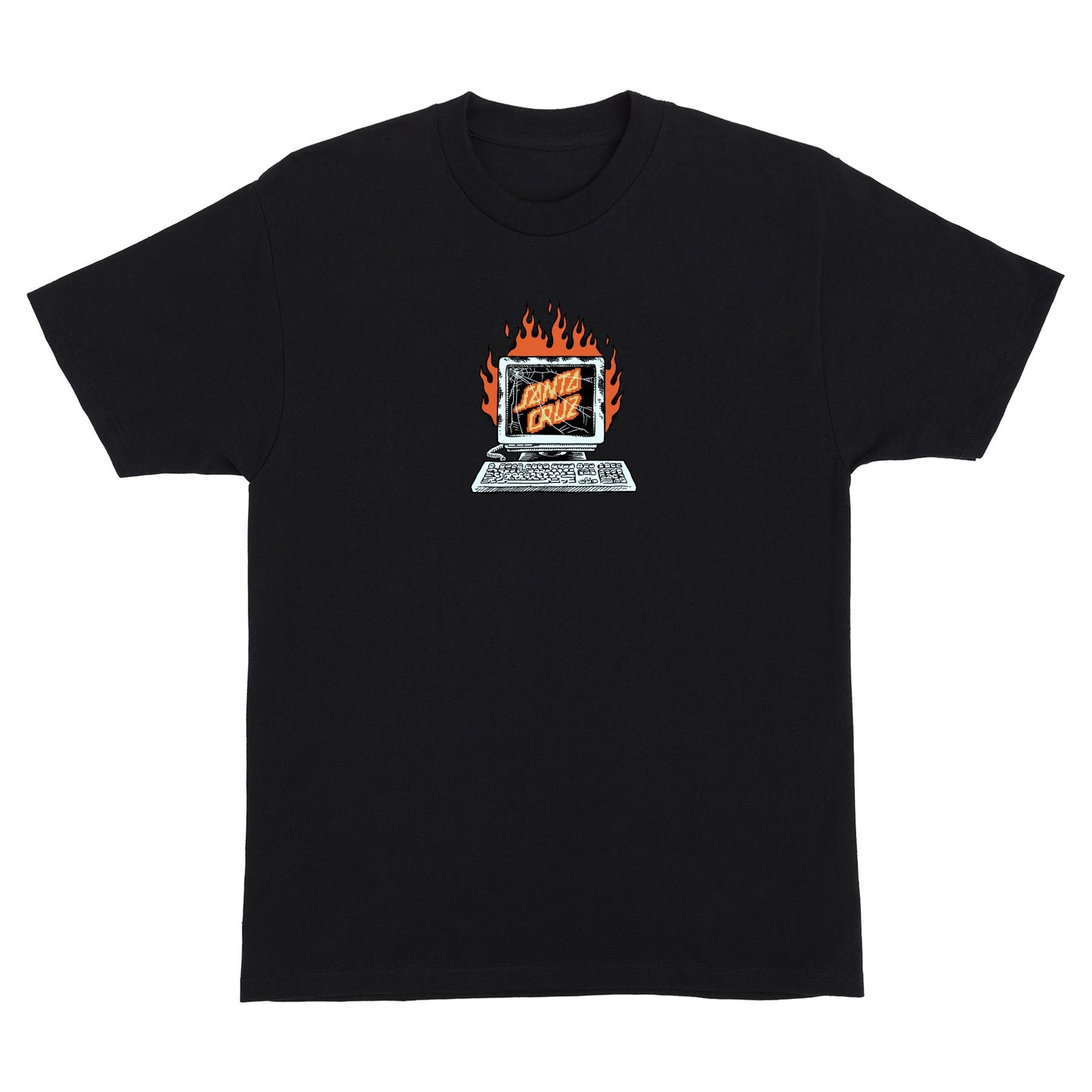Black t-shirt with a graphic design on a white background