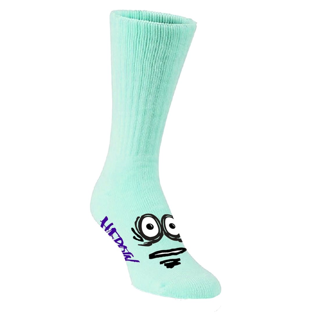 Mint green sock with a cartoon face design on a white background