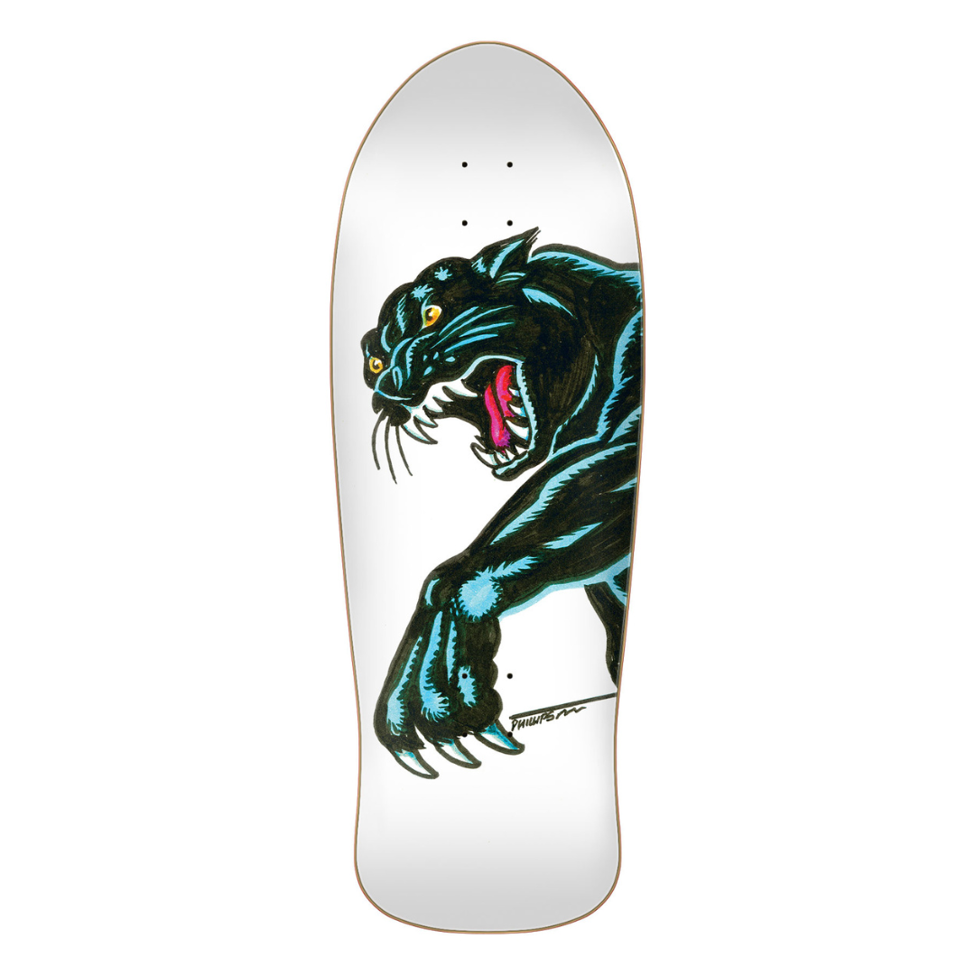 Skateboard deck with a black panther design on a white background
