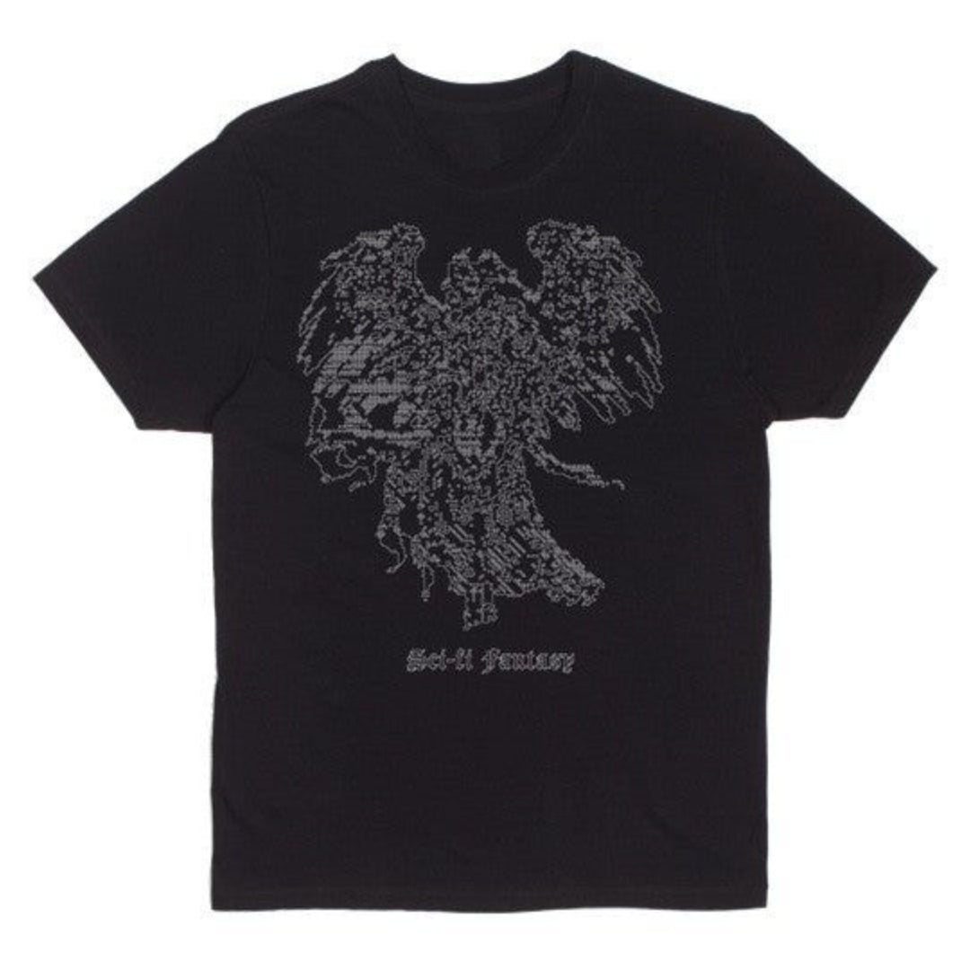 Black t-shirt with a gray eagle design and text on a white background