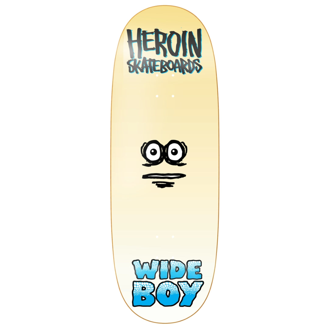 Skateboard deck with 'Heroin Skateboards' and 'Wide Boy' text on a white background