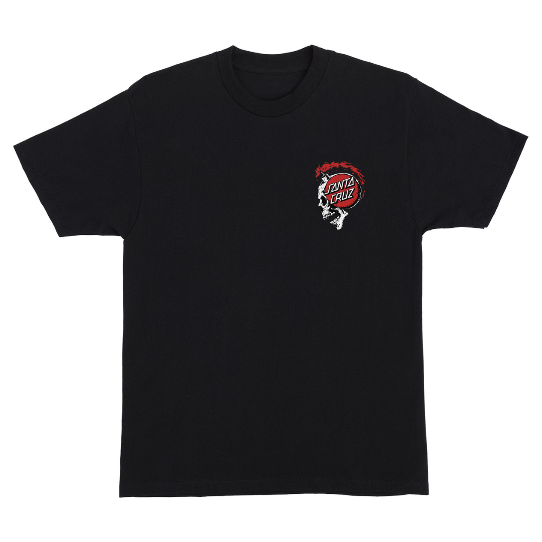 A black short-sleeve crewneck t-shirt featuring a red, white, and black Santa Cruz graphic on the left chest, displayed against a solid white background.