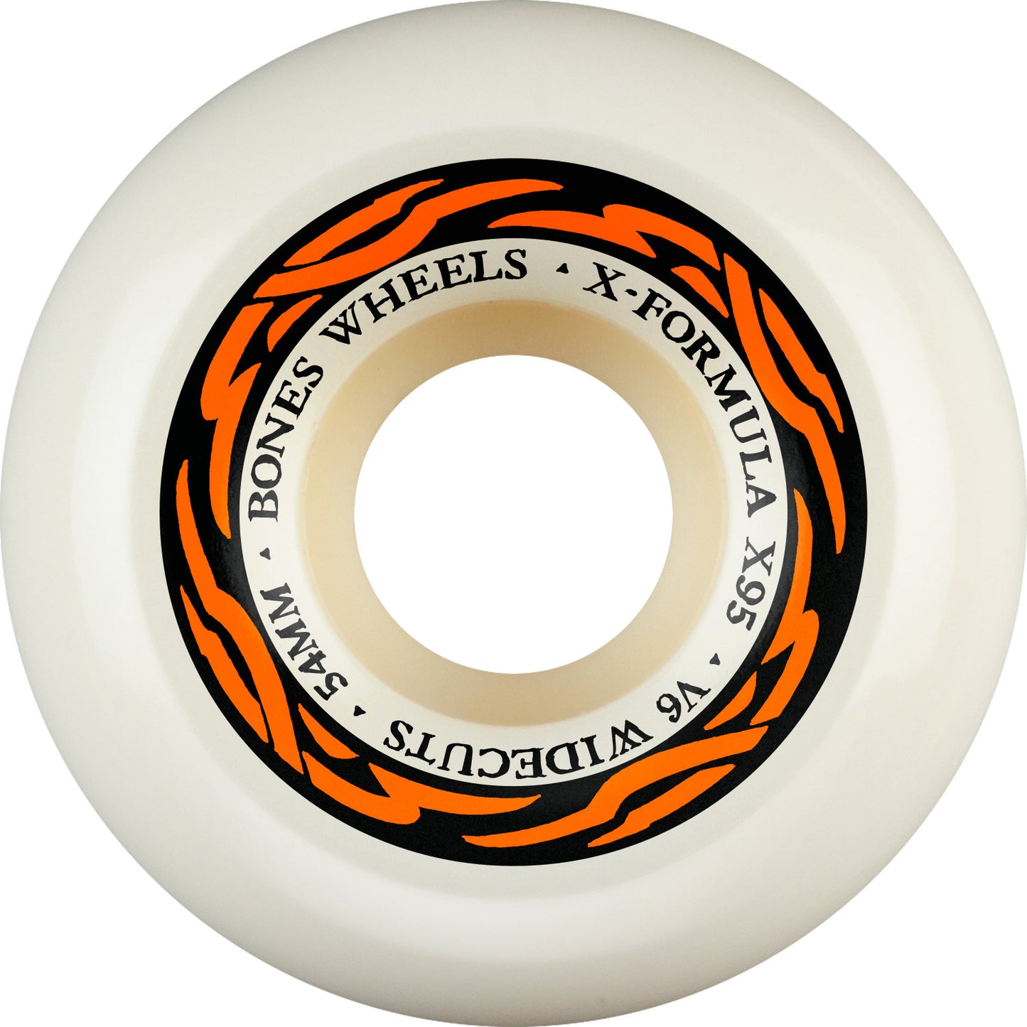 White skateboard wheel with orange and black text on a white background