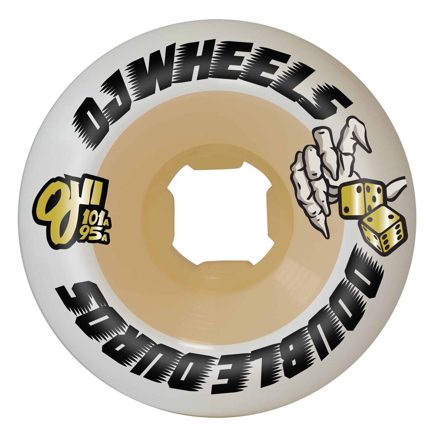 Skateboard wheel with 'Oh Wheelz' branding and a hand holding dice design on a white background