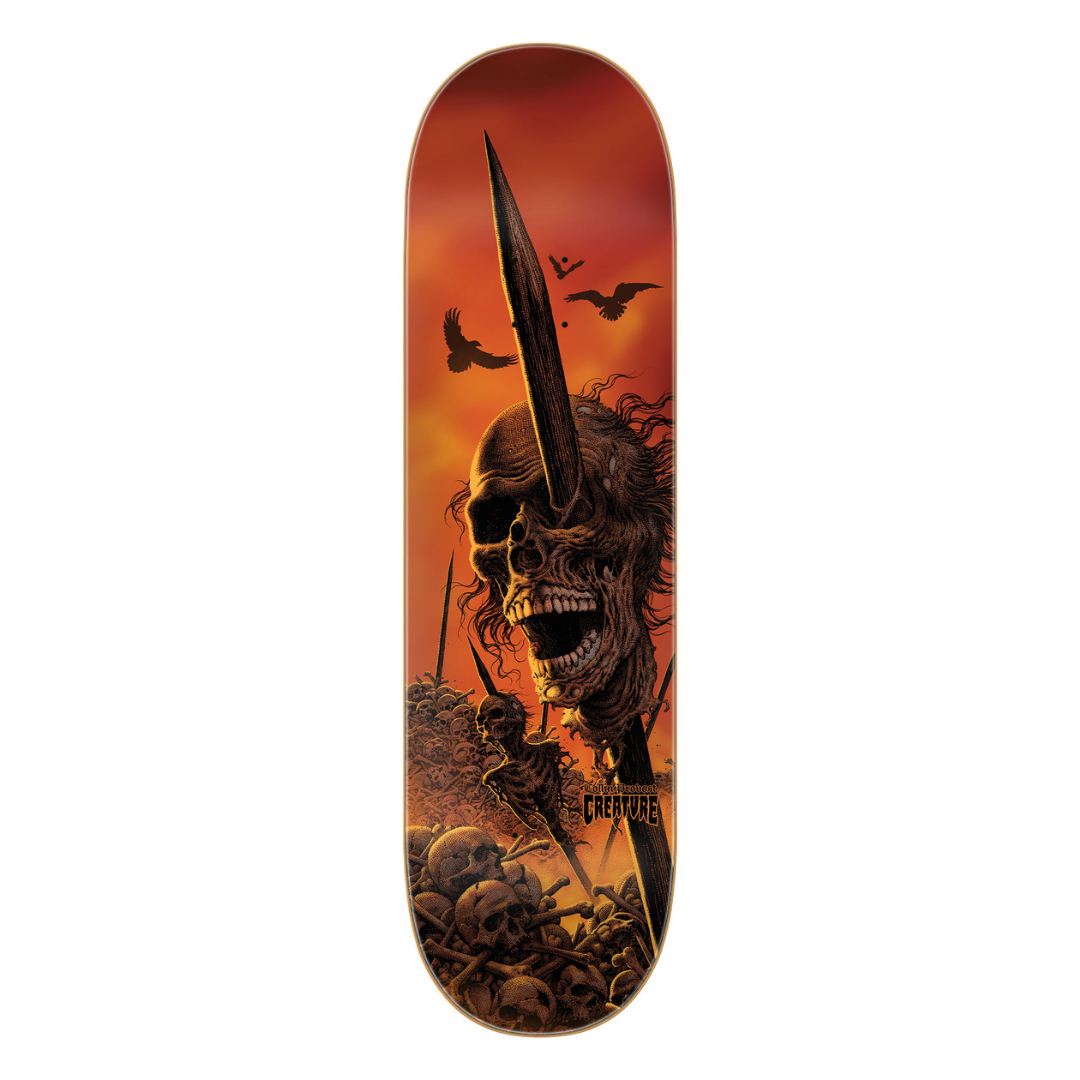 A skateboard deck featuring a detailed graphic illustration of a skull with a sword piercing its eye sockets, surrounded by crows and skulls against a fiery orange and red sunset background. The brand name 'The Creepers' is printed near the bottom.
