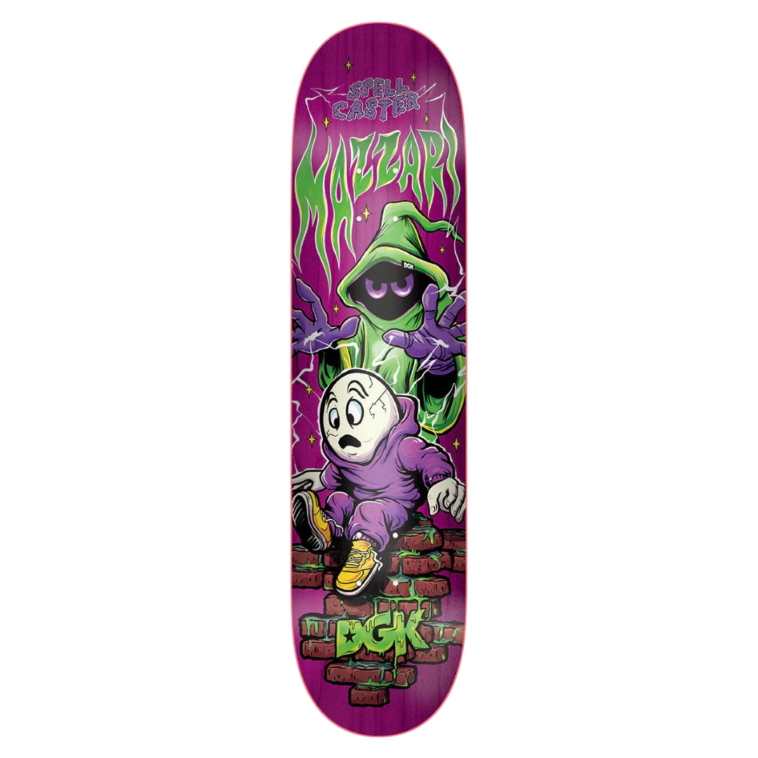 Skateboard deck with colorful graphic design on a white background