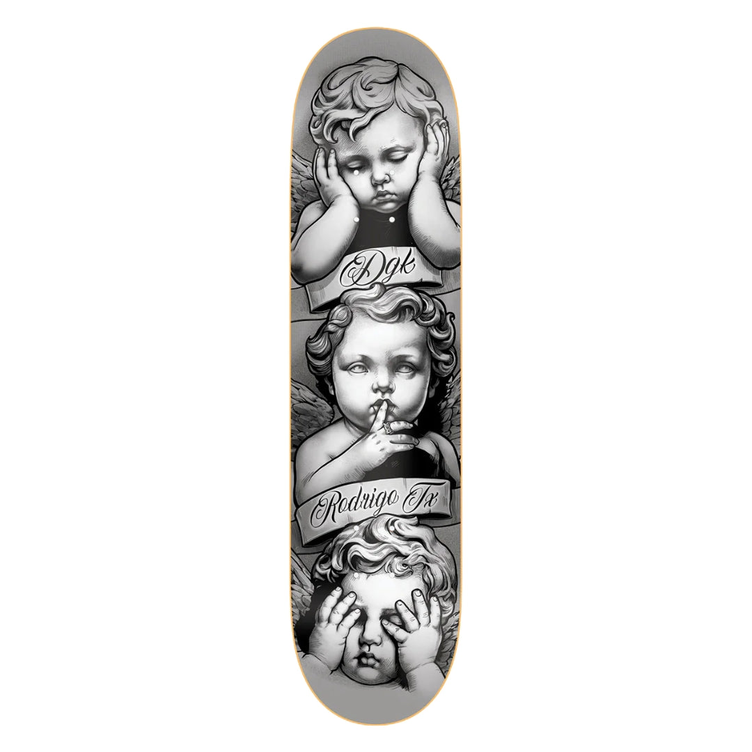 Skateboard deck with black and white angel illustrations and 'Dyk' branding on a white background