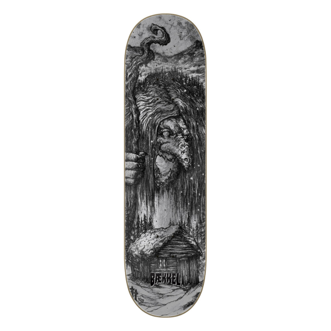 Skateboard deck with artistic design of a face and landscape, featuring the brand 'Banksy'.
