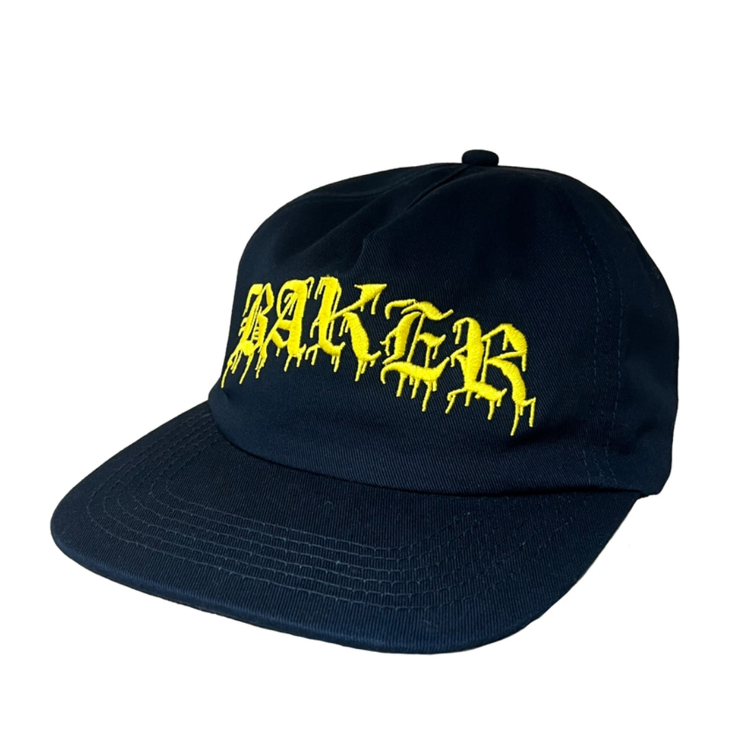 Black cap with yellow text on a white background