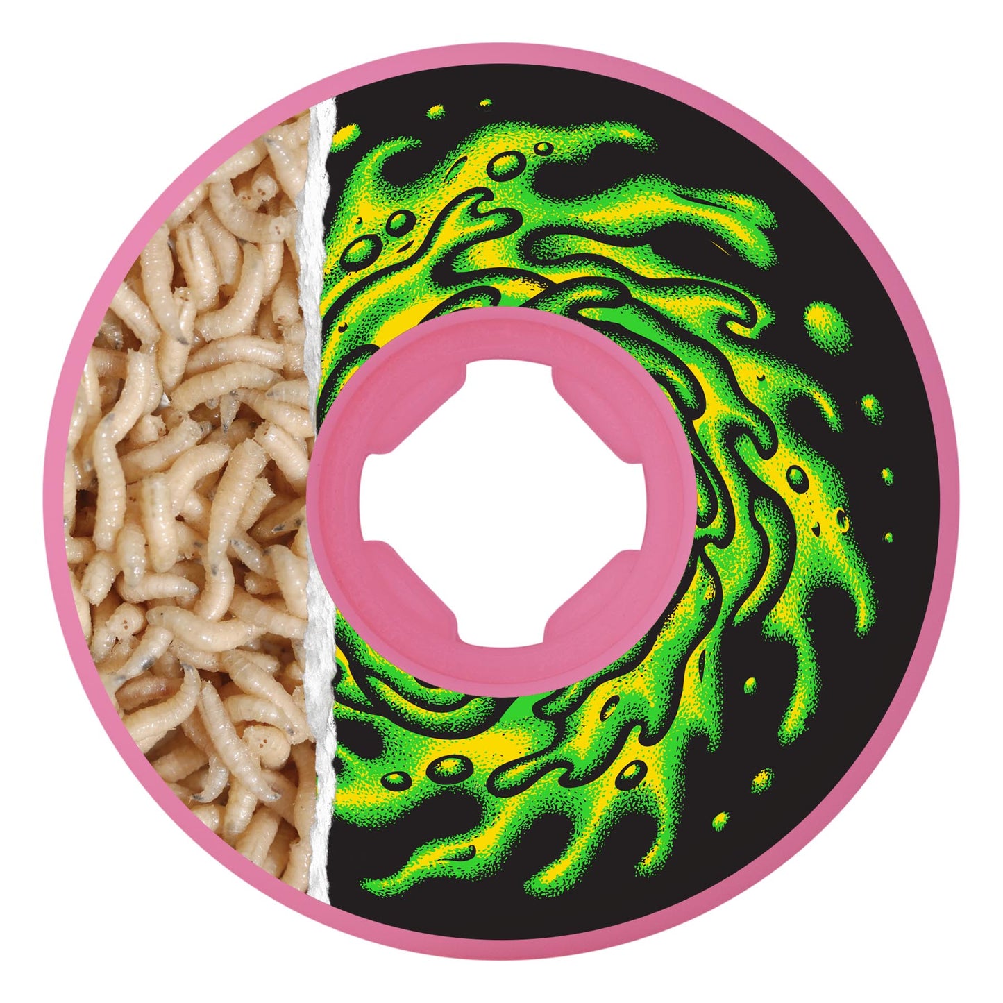 Colorful wheel with pink center and green design, next to a bowl of noodles.