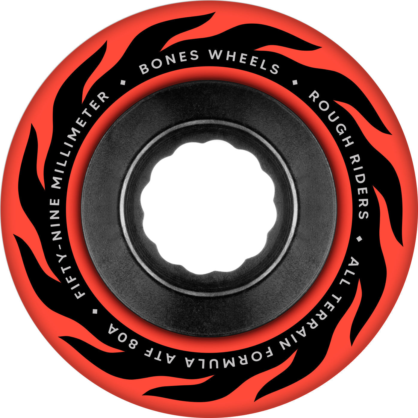 Red and black wheel with 'Bones Wheels' branding on a white background