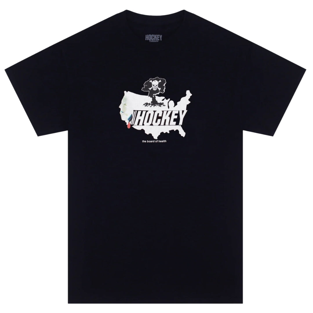 Black t-shirt with a graphic design on a white background