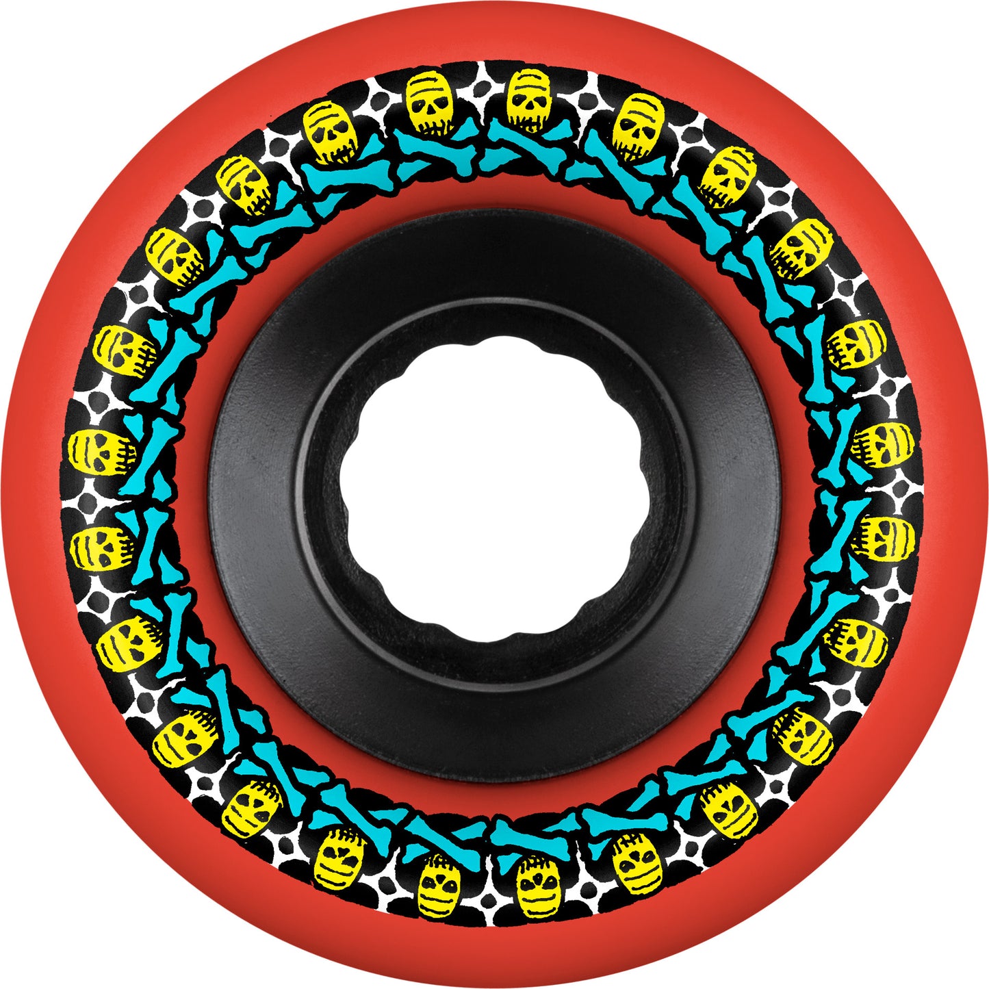 Skateboard wheel with red rim, black center, and colorful skull and bone pattern.