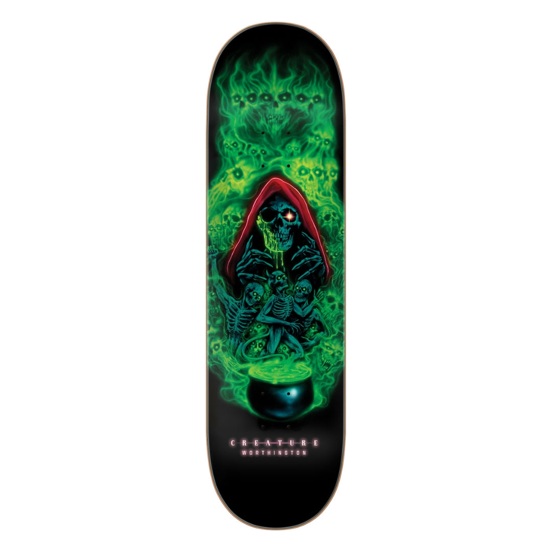 Skateboard deck with a green and black design featuring a hooded figure and text on a white background.