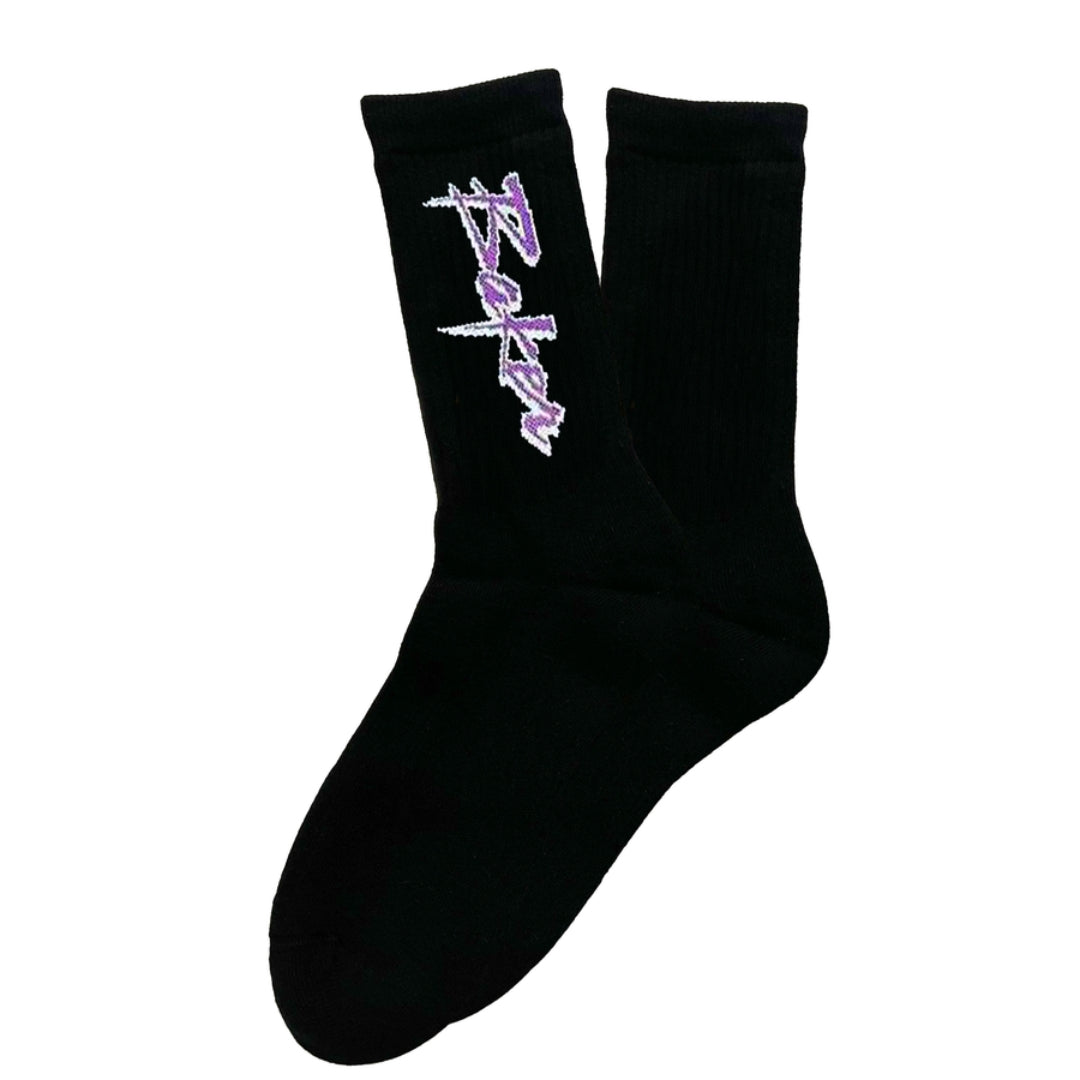 Black socks with a purple logo on a white background
